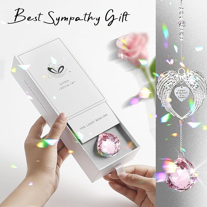 Sympathy Gift Modern Grief Gift for Lose of Loved Ones, Memorial Suncatcher with 40mm Crystal Ball, Sorry for Your Lose Rainbow Maker, Bereavement Gift Idea Angel Wings Design, Pink