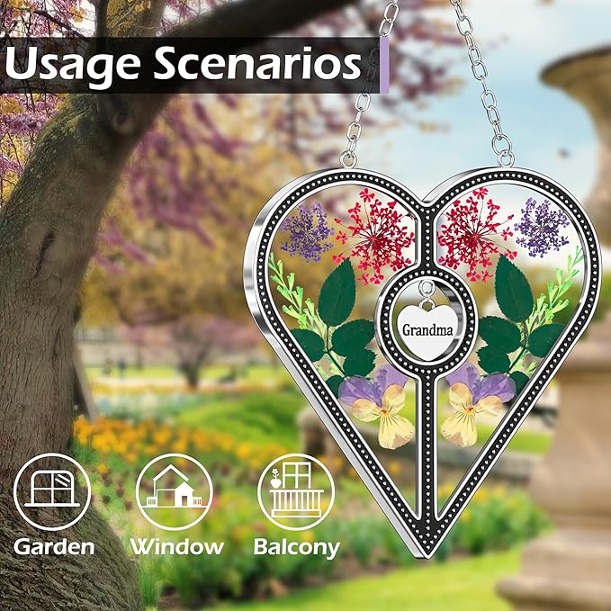 KY&BOSAM Heart Suncatcher Grandma Stained Glass for Windows Hangings Ornament Wind Chimes with Pressed Real Flower Heart Embedded in Glass Birthday Gifts for Women Grandma Mother`s Day Christmas Decor