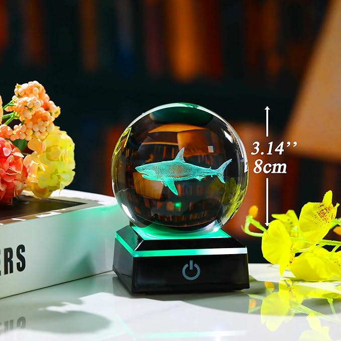 Shark Gifts for Women Men 3D Crystal Ball 3.14'' - Laser Shark Decor Glass Animals Figurines Statue Stuff for Room Night Light Shark Gifts for Mom