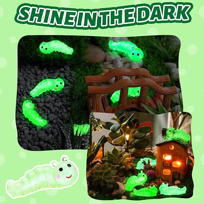 Suzile 60 Pcs Mini Resin Animals Caterpillars Miniature Figures Luminous Mini Resin Charms Miniature Garden Accessories Micro Landscape Ornaments for DIY Outdoor Decor Party Decorations (Bright Color)