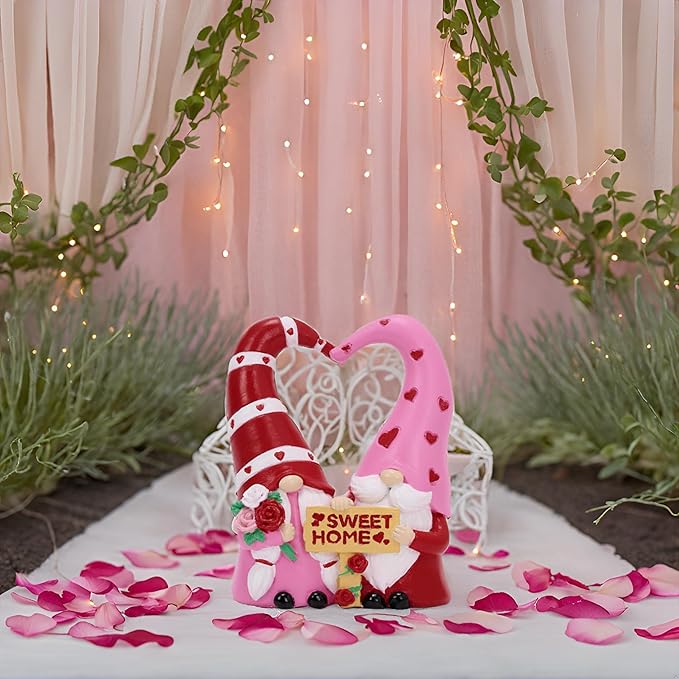 TERESA'S COLLECTIONS Garden Gnomes Outdoor Decor, Resin Heart-Shaped Pink Cute Gnome Couple Valentine Decorations for Home, Garden Decor Love Valentine Gifts for Women, 6.3"