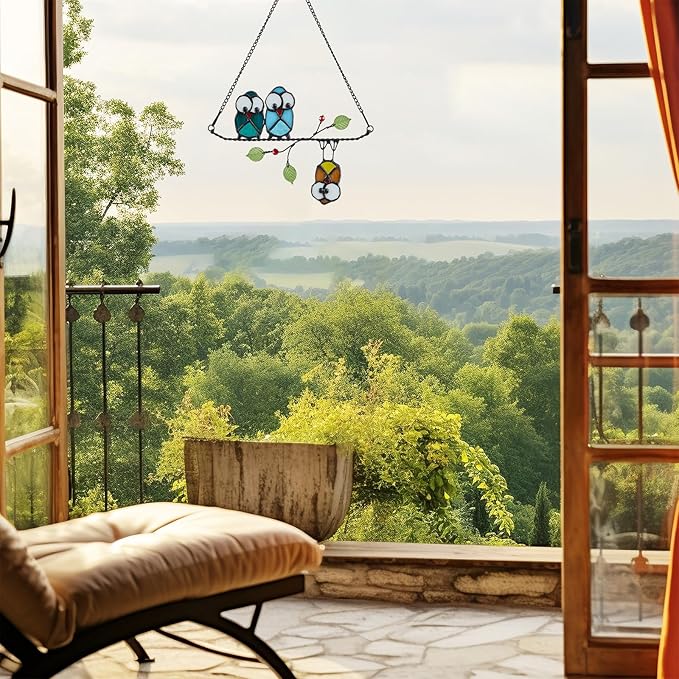 Stained Glass Birds,owl,Stained Glass Window Hanging,Multicolor Owls on The Living Tree with Green Leaf and red Berries,Bird suncatcher for Windows Room Home,Bird Deco,Gift for Mom,and Bird Lovers.