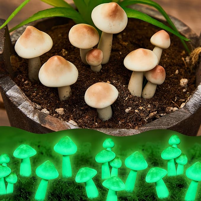 Taiyin 10 Pcs Luminous Mushroom Miniature Garden Mushrooms Outdoor Decor Waterproof Glow in The Dark Yard Decor for Fairy Outdoor Garden Micro Landscape Christmas Tree Decor