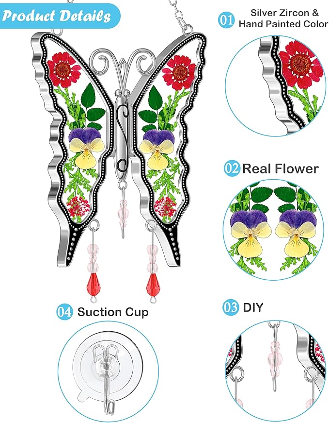 KY&BOSAM Butterfly Suncatcher DIY Gifts for Mom Ornament for Window Pressed Flower Between Wings Glass Metal Engraved No Charm Gifts for Mom Mother's Day Valentine's Birthday Thanksgiving Christmas