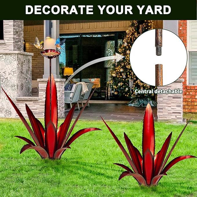 Upgraded Large Metal Yard Art, Metal Agave Plant Yard Decorations Outdoor Sculpture, Metal Flowers for Outside, Waterproof Outdoor Garden Decor (Red + Bird Feeder)