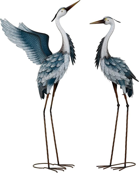 TERESA'S COLLECTIONS Garden Decor Blue Heron Yard Art,22.8-25" Large Metal Cranes Sculptures & Statues Decoy for Outdoor Indoor Decorations, Outside Patio, Pool, Lawn, Set of 2, Spring,Gift for Mom
