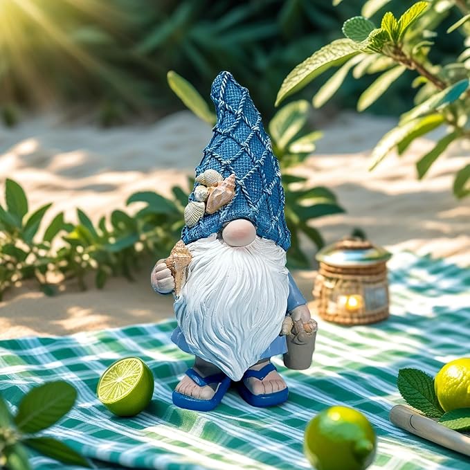 Outdoor Garden Sea Gnome Statue Decoration Indoor Outdoor Resin Beach Gnome Sculpture for Home Office Desktop Bathroom, Summer Pool Decoration Outdoor Gifts (Carrying Bucket of Shells)