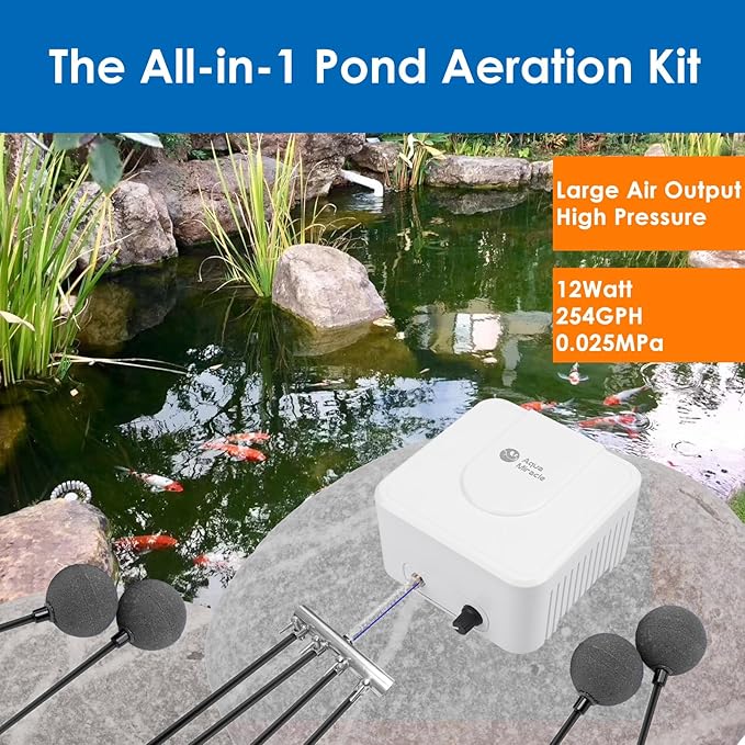 AquaMiracle Pond Aeration Kit Pond Air Pump Koi Pond Aerator for Pond up to 3000 Gallons Pond Deicer All-in-One Pond Aeration System with 4-Outlet Airline Tubing Air Stones Check Valves
