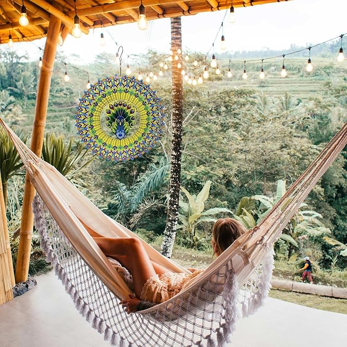 Wind Spinner Colorful Peacock 12 inch 3D Stainless Steel Laser Cut Metal Double Sided Printing-Hanging Indoor/Outdoor Decorations Yard Gardening Decor,Metal Kinetic Art Ornament Gifts