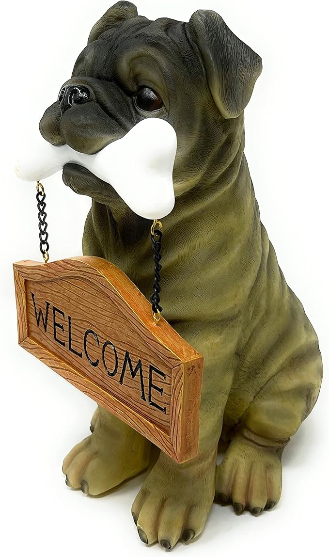 Nature's Mark Pug Dog Puppy Statue with Reversible Welcome Sign and Go Away Sign Resin Garden Decor 12" H