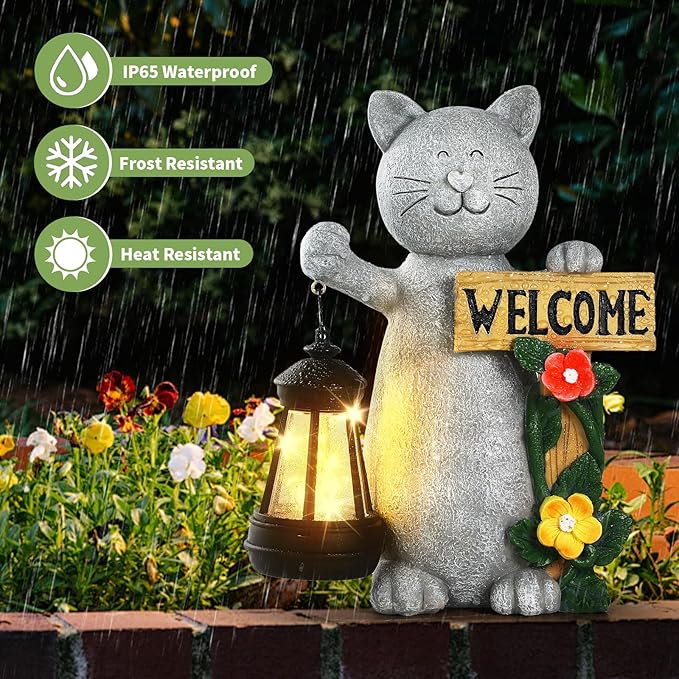 Solar Cat Statue with Solar Lantern-Outdoor Garden Décor, LED Lighted Kitty Figurine for Patio, Lawn,Yard-Valentine's Day, Birthday Gifts for Mom,Grandma,Cat Lovers