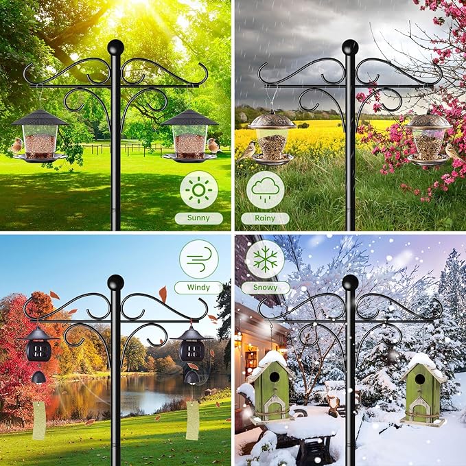 Shepherds Hooks for Outdoor, 108 Inch Heavy Duty Bird Feeder Pole with 5 Prongs Base, Adjustable Shepherds Hook for Hanging Birdhouses, Lanterns, Plant Baskets, Wind Chimes