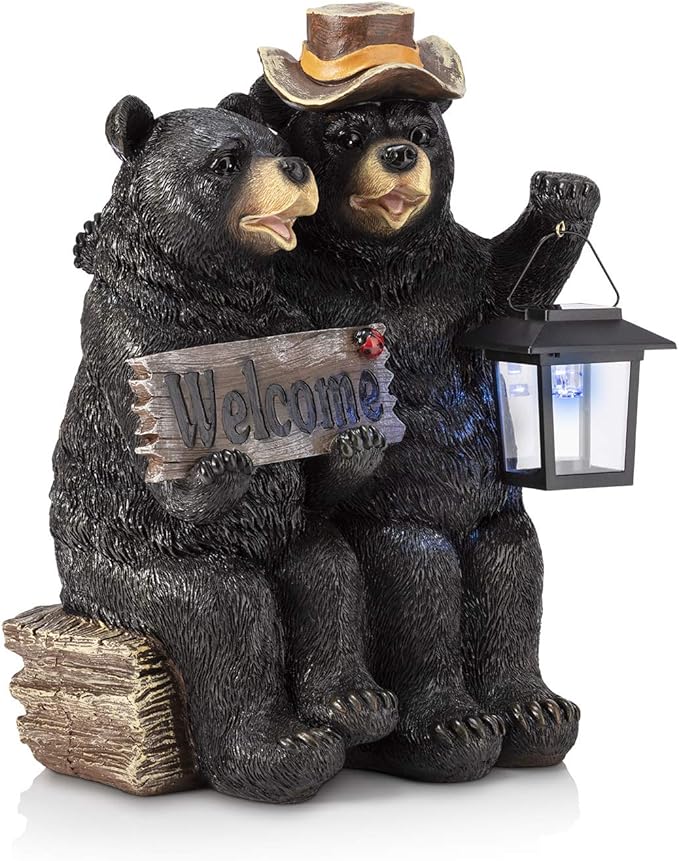 Alpine Corporation 15" Tall Outdoor Bear Couple with Lantern and Welcome Sign Statue with Solar LED Light Yard Art Decoration