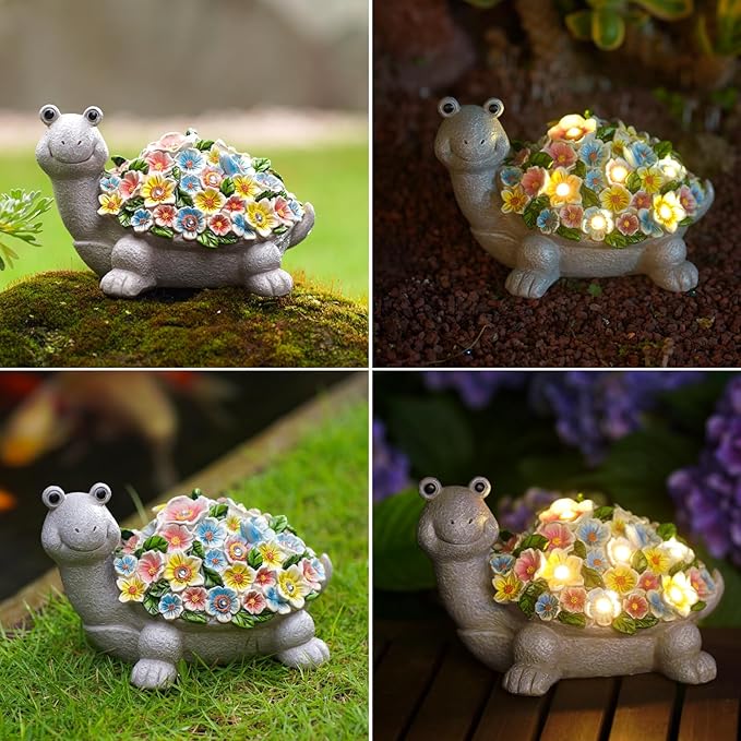 Solar Turtle Garden Decor with Flowers: Outdoor Clearance Statues Lights for Outside Lawn Ornaments Porch Patio Balcony Yard – Birthday Gifts for Mom Grandma Women