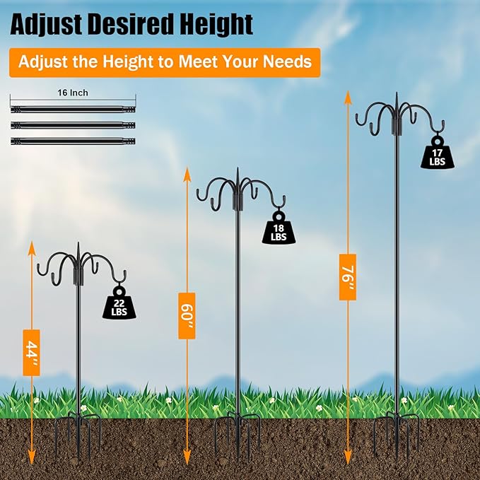 FEED GARDEN [Upgrade Version 76 Inch Four Shepherd Hooks for Outdoor,Bird Feeder Pole with 5 Prong Base, Adjustable Shepard Hooks for Hanging Plant, Solar Lanterns, Wind Chimes, 2 Pack