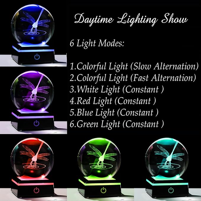 Qianwei Dragonfly Gifts for Women 3D Crystal Ball 3.14'' - Laser Dragonfly Decor Glass Animals Dragonfly Gifts Figurines Statue Stuff for Room Decorations Dragonfly Night Light