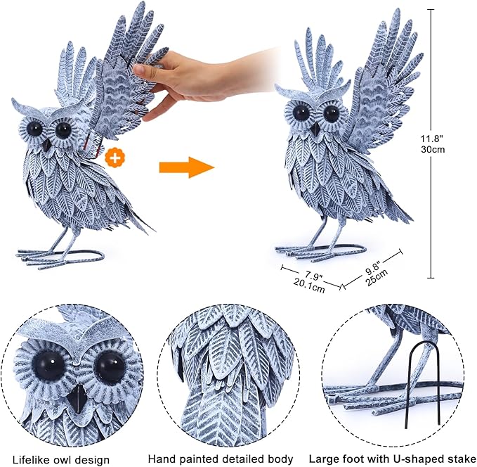 Nacome Owl Garden Decor Metal Yard: Art Outdoor Sculptures & Statues Large Bird Ornaments for Patio Balcony Front Backyard - Gifts for Grandma Mom(Gray)