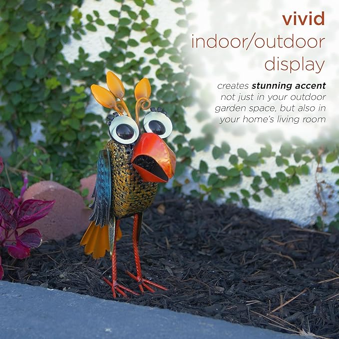 Alpine Corporation 12" Tall Outdoor Metal Wide-Eyed Bird Standing Yard Statue Decoration, Multicolor