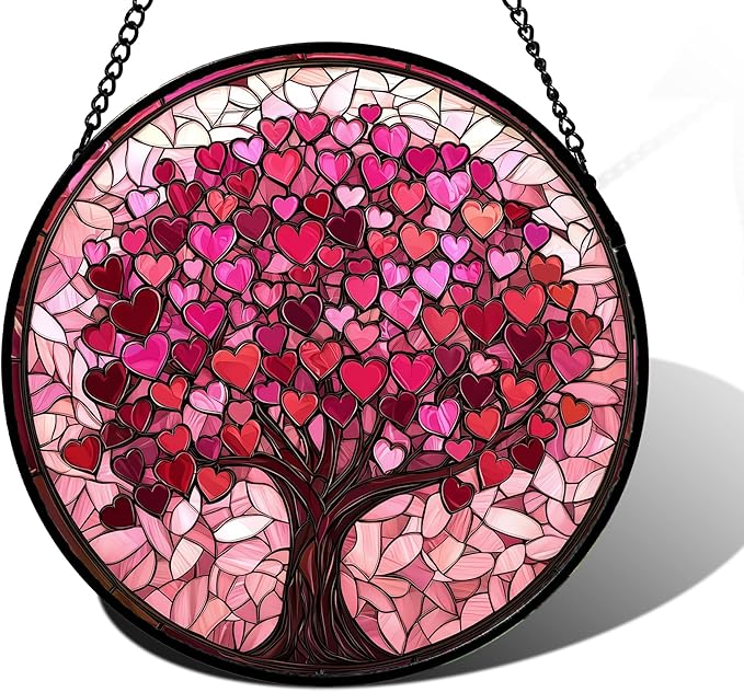 Stained Glass Window Hanging, Pink Love Tree of Life Sun Catchers Colorful Glass Panel Suncatcher Decor for Birthday for Women, Men, Wife, Lovers, and Mom 6.3 in