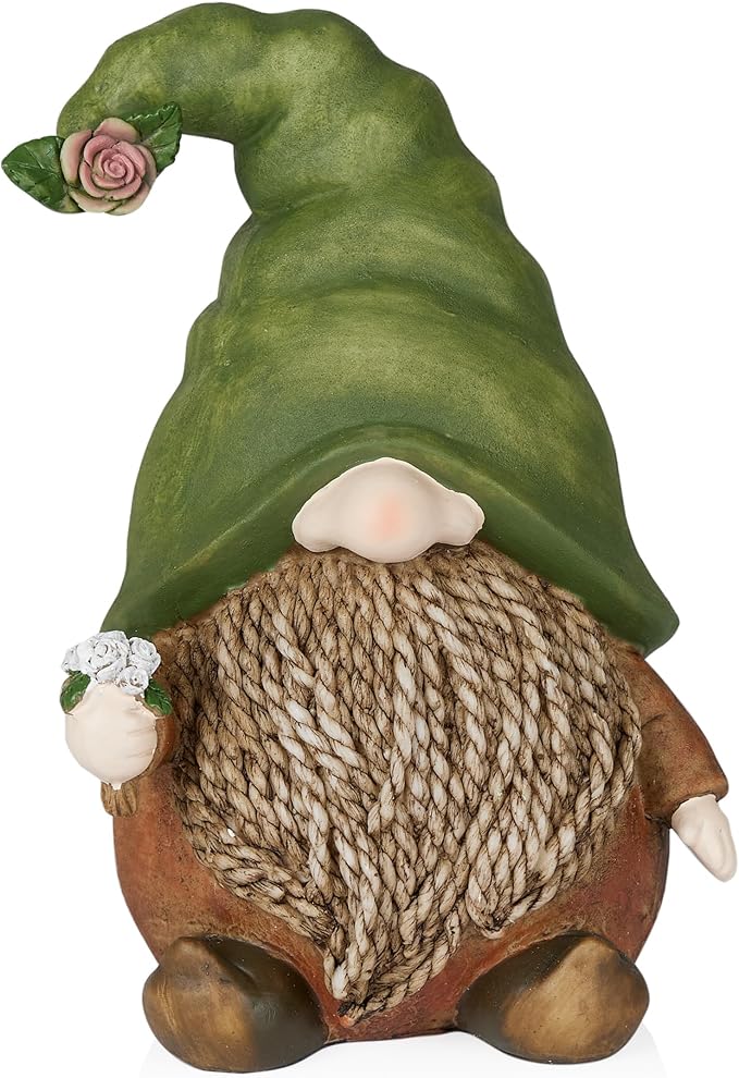 Alpine Corporation QWR1442 Gnome with Green Hat Holding a Flower, Playful Décor for Garden, Patio, & Lawn, 10" H, Multicolor