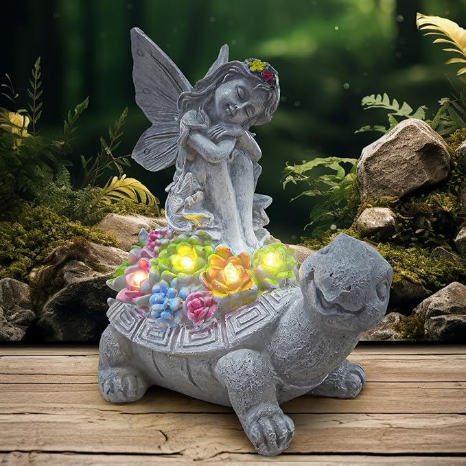 Solar Garden Statue Angel and Turtle,Figurines Outdoor Decor,Outdoor Solar Statue with LED Lights for Yard,Patio,Lawn Art Decoration,Housewarming Gift