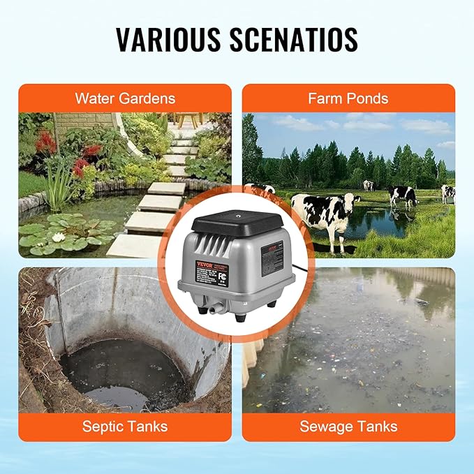 VEVOR Linear Air Pump, 109L/Min Air Flow Septic Aerator Pump, Aeration System for 1/2 Acre 10 FT Deep Ponds, Water Gardens, Waste Treatments, Septic Tanks, Aquariums, Seafood Restaurants, Fish Farms