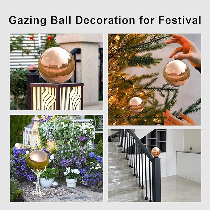 Nerien Gazing Ball, Stainless Steel Garden Mirror Globe, Polished Ornament Sphere, Hollow Floating Reflective Hemisphere, for Home Outdoor Pond Housewarming Swimming Pool Decoration, Rose Gold, 10Pcs