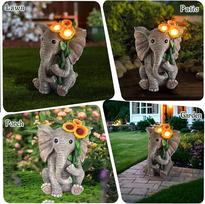 Outdoor Sculpture Figurine Statue Elephant Decor,Solar Garden Statues for Patio Home Yard Decor,Good Luck Sunflower Elephant for Women, Mom Gifts Housewarming Gift