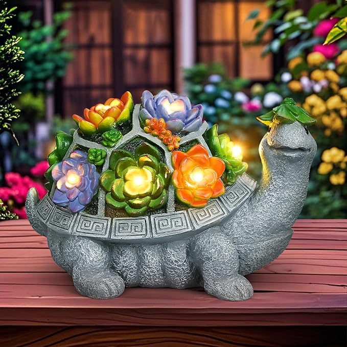 Solar Garden Decor Turtle Statues Lights, Outdoor Figurine Decorations Ornament Lamps for Outside Yard, Lawn, Patio, Porch, Balcony, Unique Birthday Housewarming Gifts for women Mom Grandma(hat)