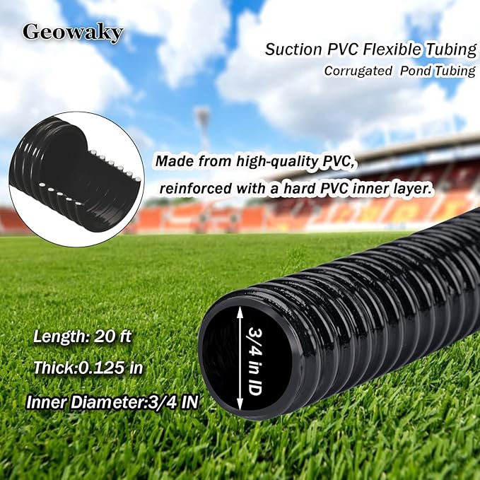 Pond Tubing 3/4” × 20ft- Black Corrugated Flexible PVC Hose, Kinkproof & Strong for Garden Ponds, Waterfall Sump Pump Pond Hose