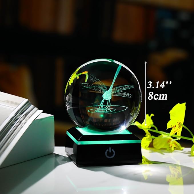 Qianwei Dragonfly Gifts for Women 3D Crystal Ball 3.14'' - Laser Dragonfly Decor Glass Animals Dragonfly Gifts Figurines Statue Stuff for Room Decorations Dragonfly Night Light