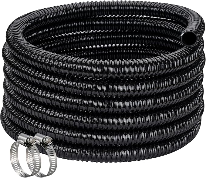Pond Hose ID 1-1/4” × 50ft Black Corrugated Flexible Reinforced PVC Hose Vinyl Tubing for Pond Pump Fountain Garden Waterfall, Non-toxic & Kinkproof, with 2 clamps