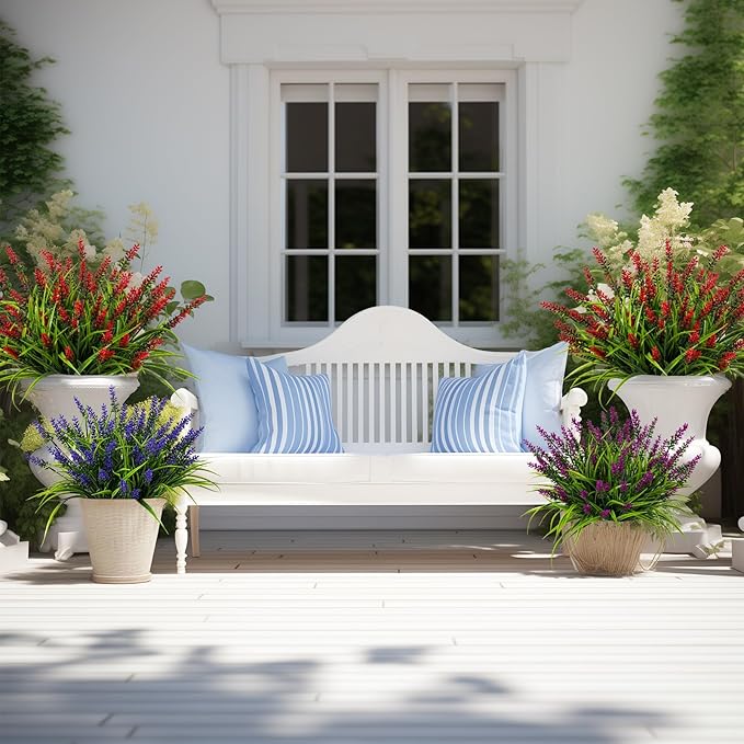 Artificial Flowers for Outdoor Plants 24 Bundles Fake Lavender Plastic Faux Monkey Grass for Verandah Window Garden Office Patio Front Porch UV Resistant for Planter(Red)