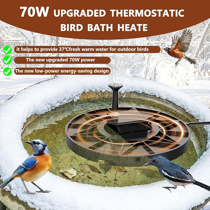 Bird Bath Heater Pond Heater 70W Shallow Water Pond deicer Energy-Saving, thermostatically Controlled Winter Outdoor with a Protective Socket Cover (with Water Pump)
