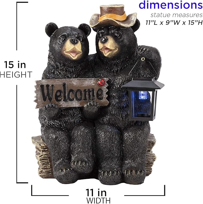 Alpine Corporation 15" Tall Outdoor Bear Couple with Lantern and Welcome Sign Statue with Solar LED Light Yard Art Decoration
