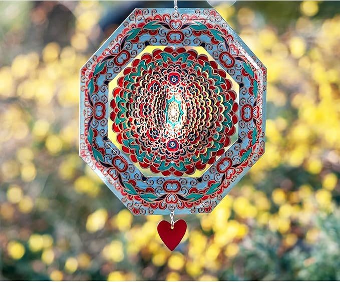 Wind Spinner Mandala Mystique 12 inches – 3D Stainless Steel – Laser Cut Metal Art Geometric Pattern - Hanging Wind Spinner, Kinetic Yard Art Decorations - Indoor/Outdoor Decor