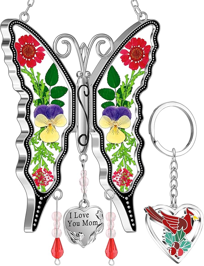 KY&BOSAM Butterfly Suncatcher I Love You Mom Gifts for Mom Pressed Flower Between Wings Glass for Windows Metal Engraved Charm as Gifts for Mother's Day Valentine's Birthday Thanksgiving Christmas