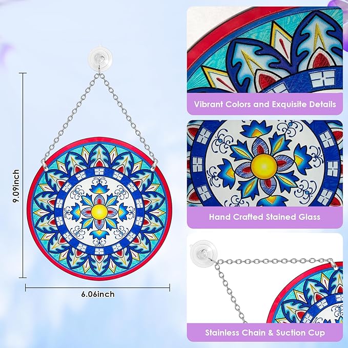 Mandala Suncatcher Stained Glass - Handmade Gifts for Women, Suncatchers for Windows - Window Hangings with Chain and Hook, 6 inch Stained Glass Suncatcher for Mom