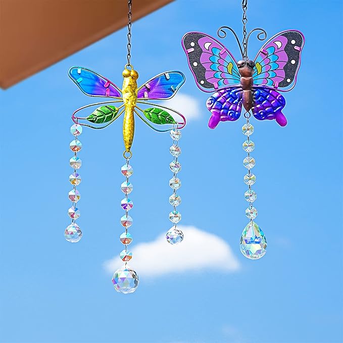 YU FENG Set 2 Suncatchers with Crystals,Stained Glass Butterfly Dragonfly Sun Catchers Window Garden Hanging Decoration Ornament,Prism Rainbow Maker Pendant