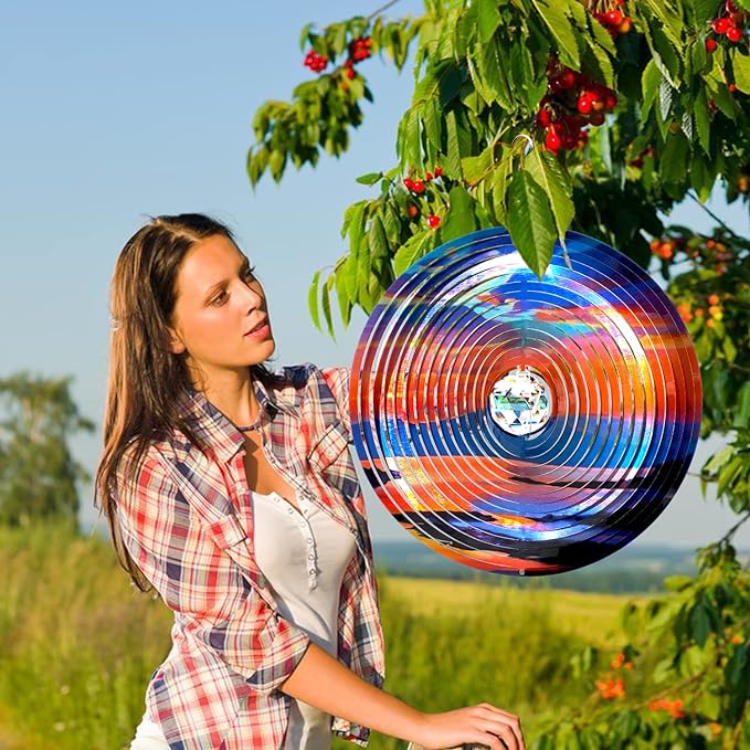 FONMY Mandala Wind Spinner w/Crystal Ball-Rosy Down 3D Stainless Steel Hanging Spinners Worth Gift Christmas Decoration Indoor/Outdoor Garden Décor Kinetic Yard Art 12 Inches Wind Sculpture