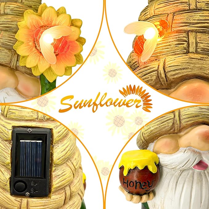 Uniboho Garden Gnome Statue Outdoor Garden Decor Large Resin Sunflower Gnome Holding Honey Jar with Solar Bee Lights for Garden Yard Decorations Patio Lawn Outside Porch Lawn Decor Gnomes Gifts 12"