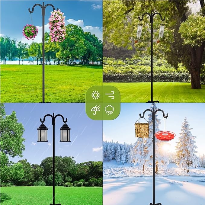 FEED GARDEN Adjustable Double Shepherds Hook for Outdoor with 5 Prong Base 76 Inch Heavy Duty Two Sided Bird Feeder Pole for Hanging Plant Baskets, Solar Light Lanterns, Wind Chimes