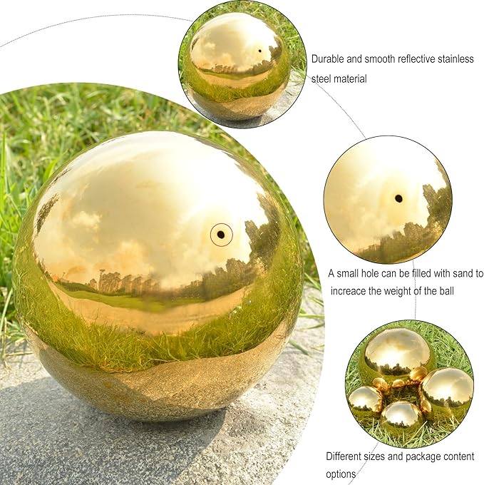 Nerien Gazing Ball, 3.9" Stainless Steel Garden Mirror Globe, Polished Ornament Sphere, Hollow Floating Reflective Hemisphere, Home Outdoor Pond Housewarming Swimming Pool Decoration, Gold, 2pcs