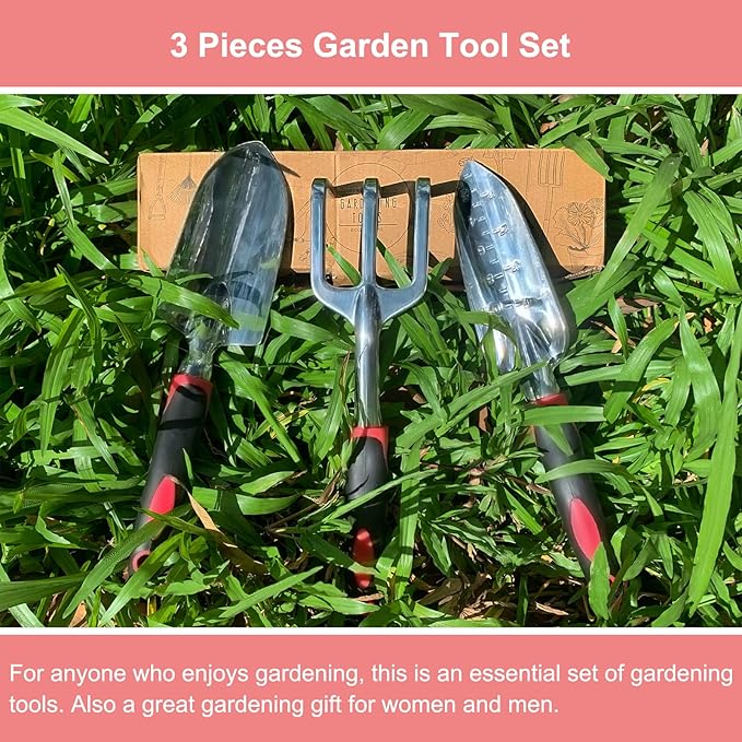 Garden Tool Set, 3PCS Heavy Duty Aluminum Gardening Tools with Soft Non-Slip Ergonomic Handle, Including Hand Trowel, Transplant Trowel and Cultivator Hand Rake for Planting, Digging, Weeding