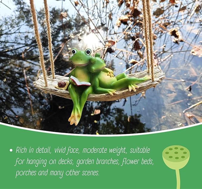 Artisan Flair Hanging Swing Frog Statues - Frog Statues for Garden Outdoors, Reading Book Frog Statue Figurine, Resin Couple Frog Statue for Garden, Balcony, Tree Decoration