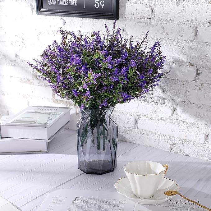 WILLBOND 12 Packs Artificial Lavender Bushes Faux Flowers Lavender Greenery Artificial Plants UV Resistant for Floral Arrangement Table Centerpieces (Purple)