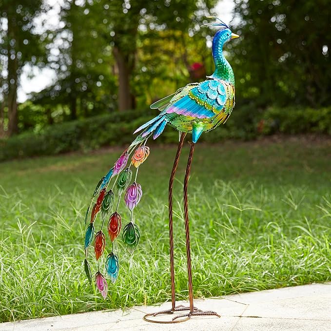 Glitzhome Metal Standing Peacock Garden Statue with Stakes Outdoor Decoration, 32" H