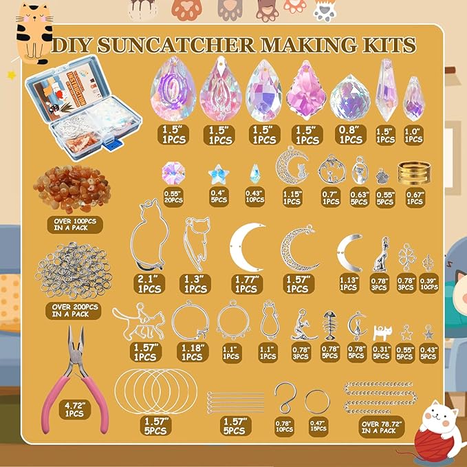 WASTROYAL 450 pcs DIY Sun Catcher Kit for Adult Crystal Suncatcher Rainbow Maker Crafts for Adults Sun Catchers Indoor Window Suncatcher Beads DIY Crystal Suncatcher Kit (Cat)