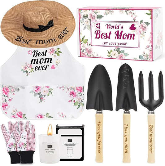 Gifts for Mom,7 Piece Womens Gardening Kit with Pink Gardening Tools,Straw Hat, Floral Gardening Apron and Gloves,Mothers Day Gardening Gifts for Mom Pink