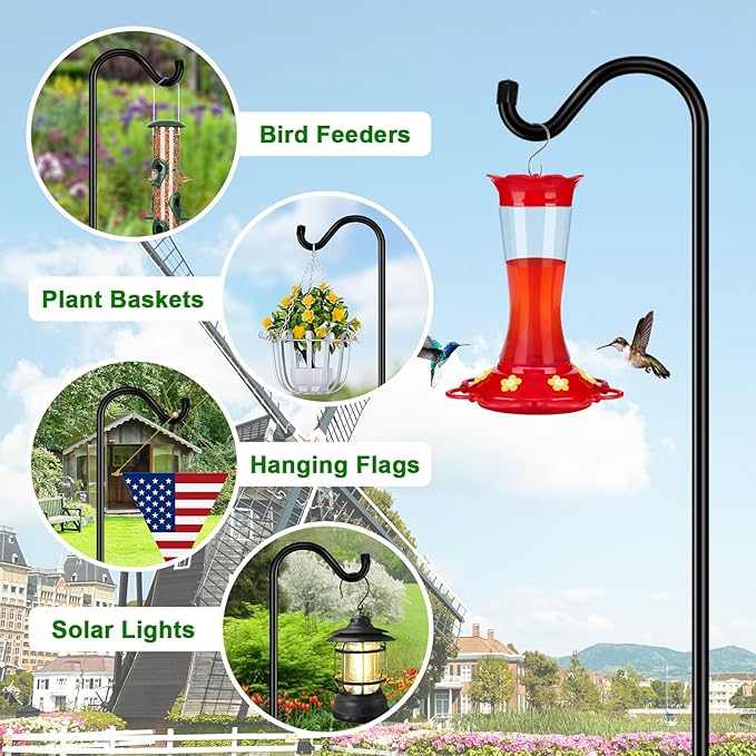 FEED GARDEN Adjustable Shepherd Hook Bird Feeder Pole with 7 Prongs Base, 108 Inch Tall 5/8 Inch Thick, Heavy Duty Outdoor Garden Poles for Hanging Bird Feeders, Plant Baskets, Black (1 Pack)